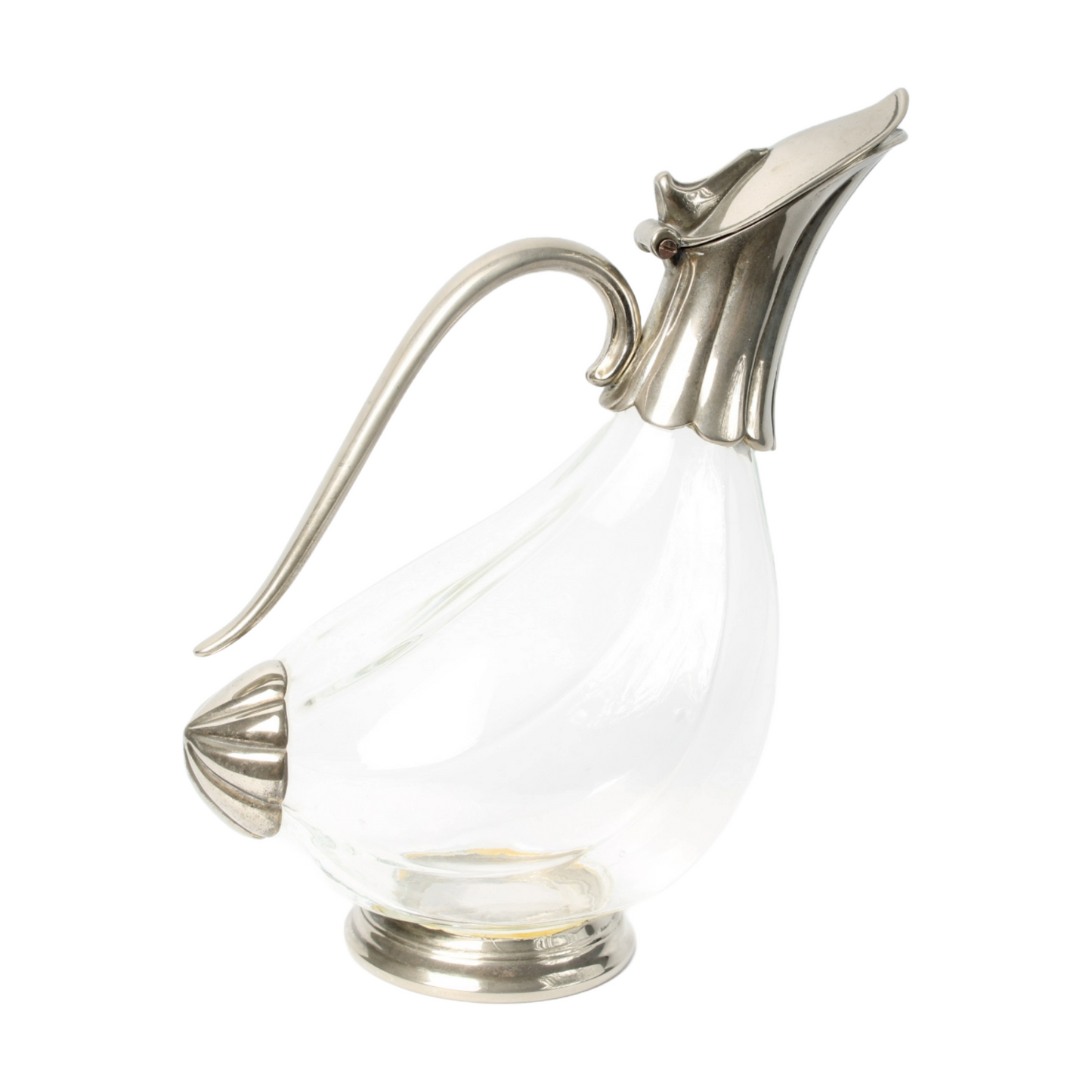 Elegant French Glass Carafe with Silver-Plated Details – 25 cm Long, 20 cm Tall