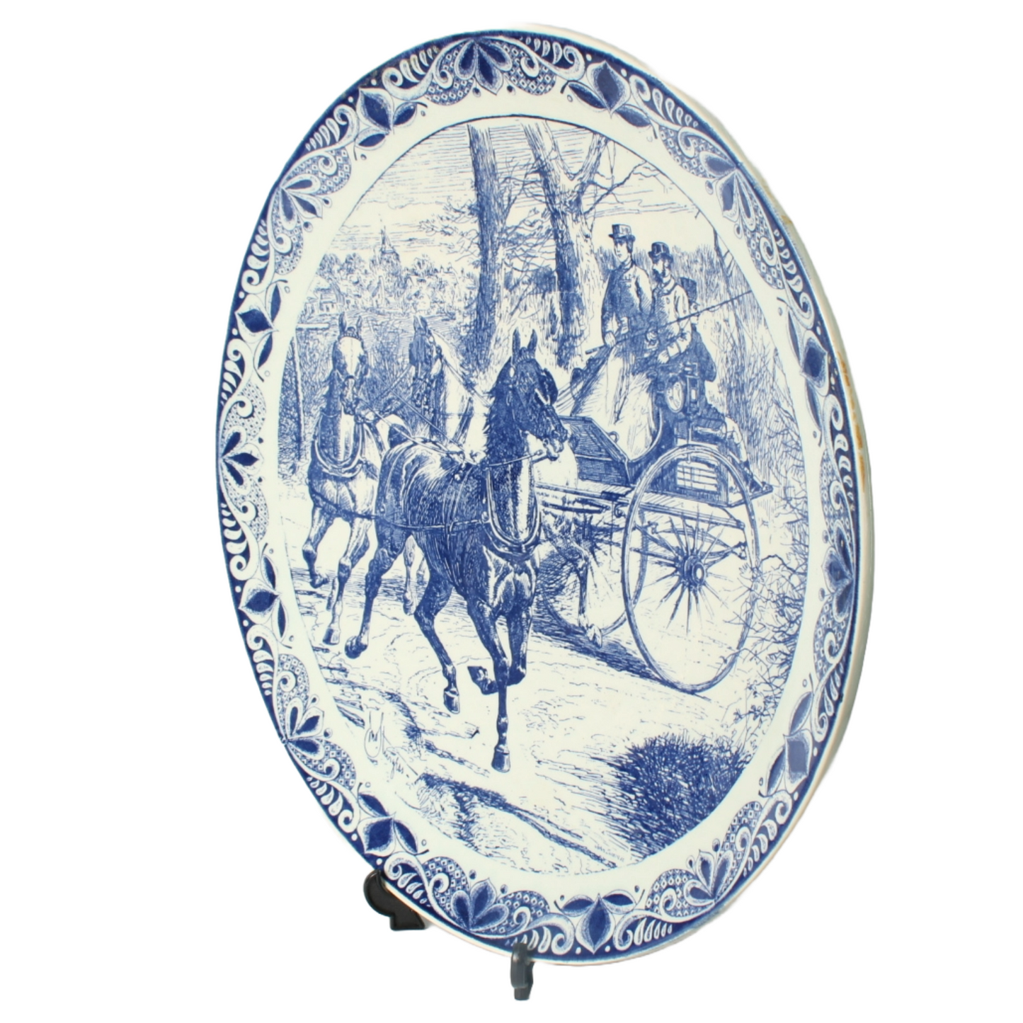 Large Hand-Painted Chemkefa Delft Blue Plate with Horse and Carriage Scene