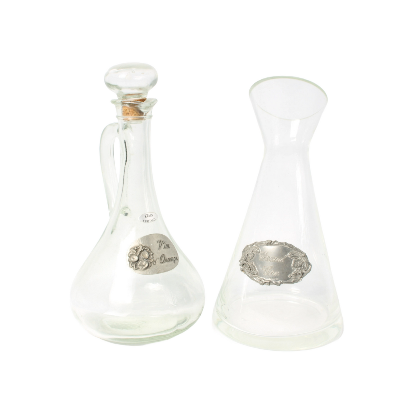 Set of Two Elegant French Carafes – Glass and Pewter – 30 cm and 28.5 cm
