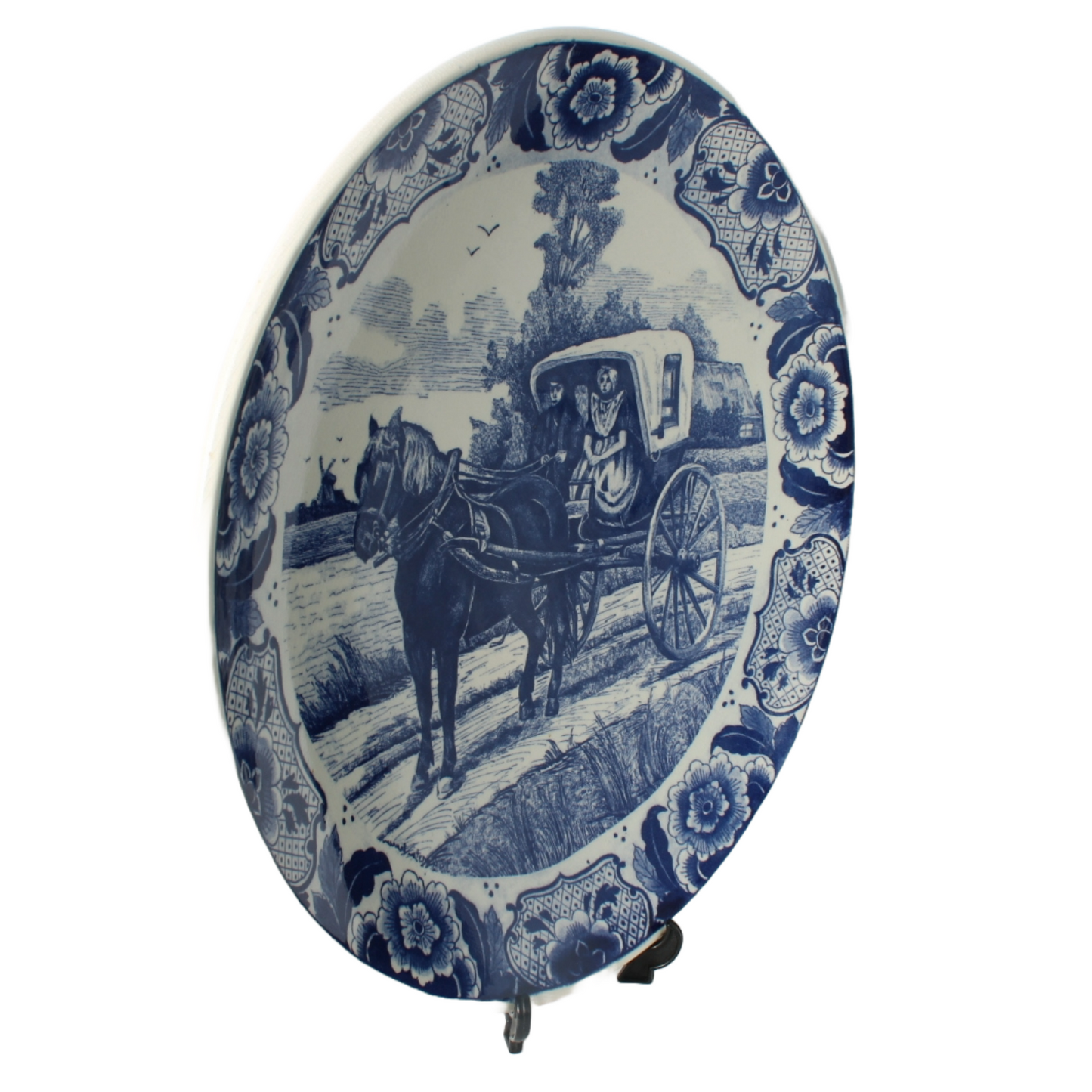 Large Hand-Painted Delft Blue Chemkefa Plate with Horse and Carriage Scene