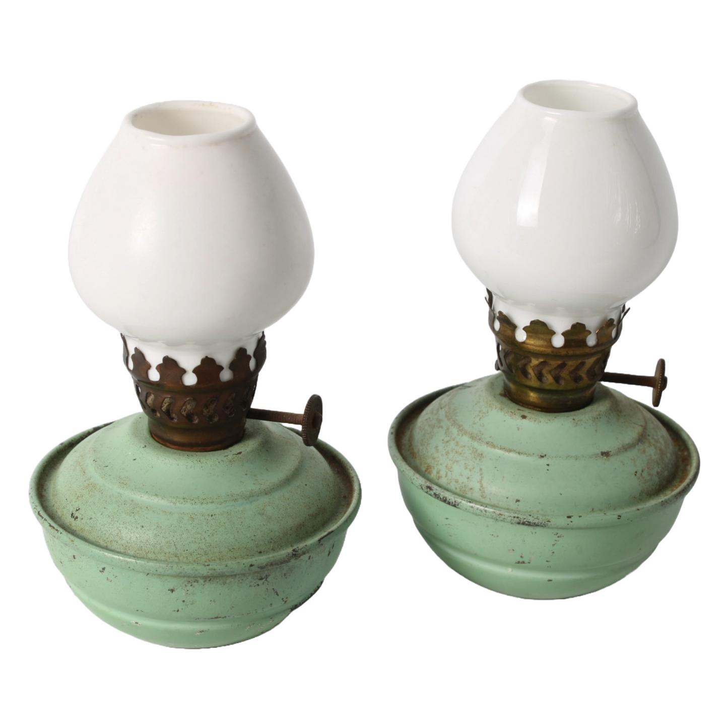 Vintage English Oil Lamp Set – Green Metal Kerosene Lamps with Brass Burner