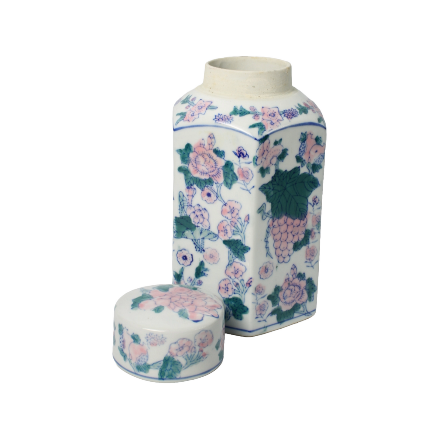 Vintage Chinese Porcelain Tea Caddy | Hand-Painted Floral and Grape Design |