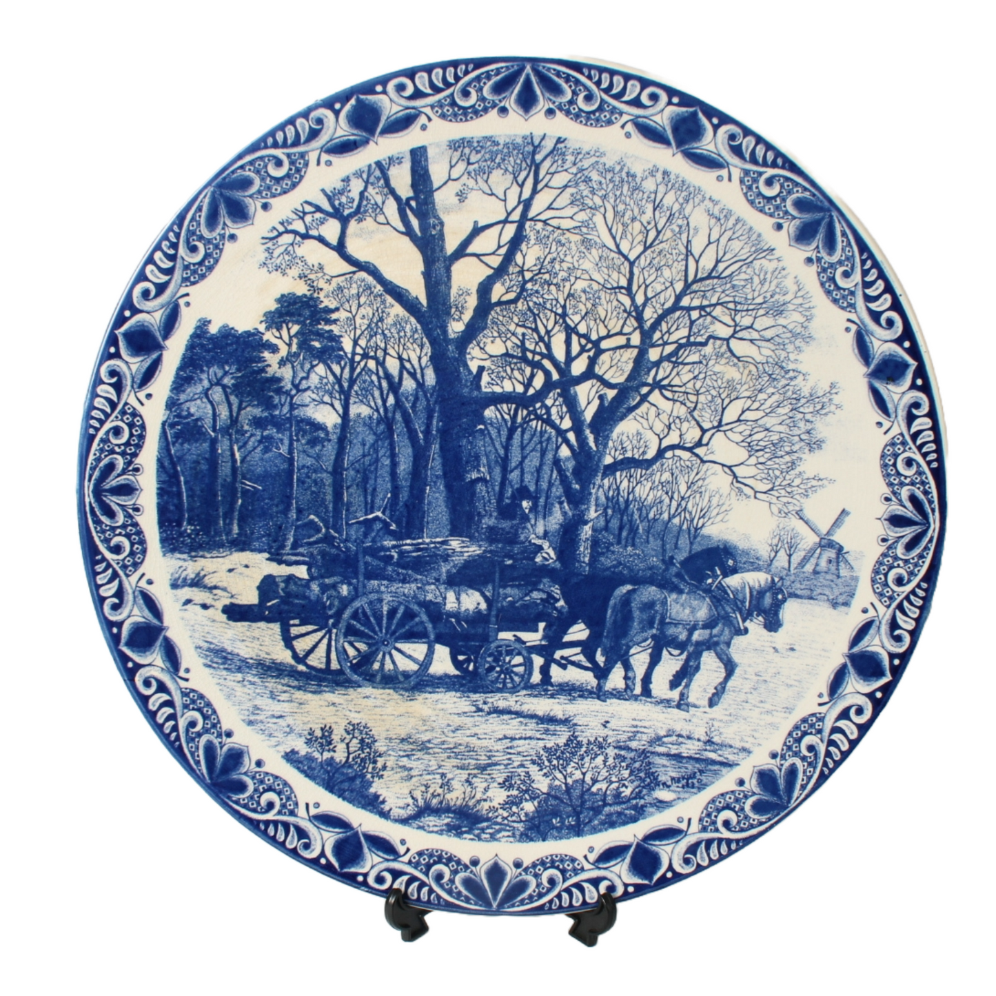 Vintage Delft Blue Ceramic Plate - Winter Landscape with Horse and Windmill 38cm