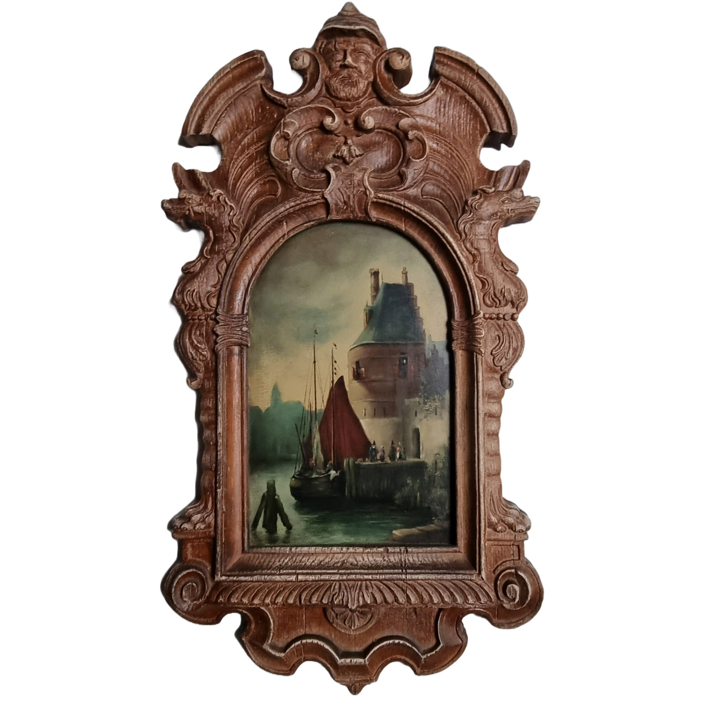Antique Wooden Mirror Panel with Hidden Painting – Dutch Harbor Scene