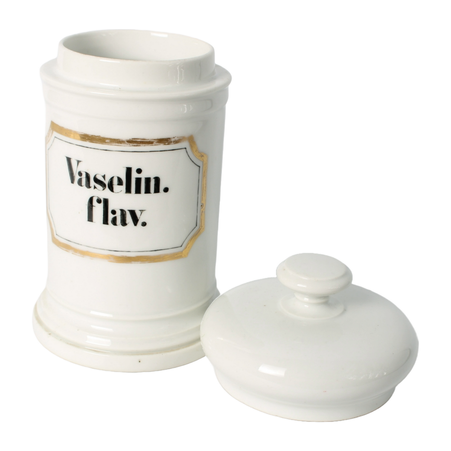Vintage Apothecary Jar with "Vaselin. flav." Inscription and Gold Detailing