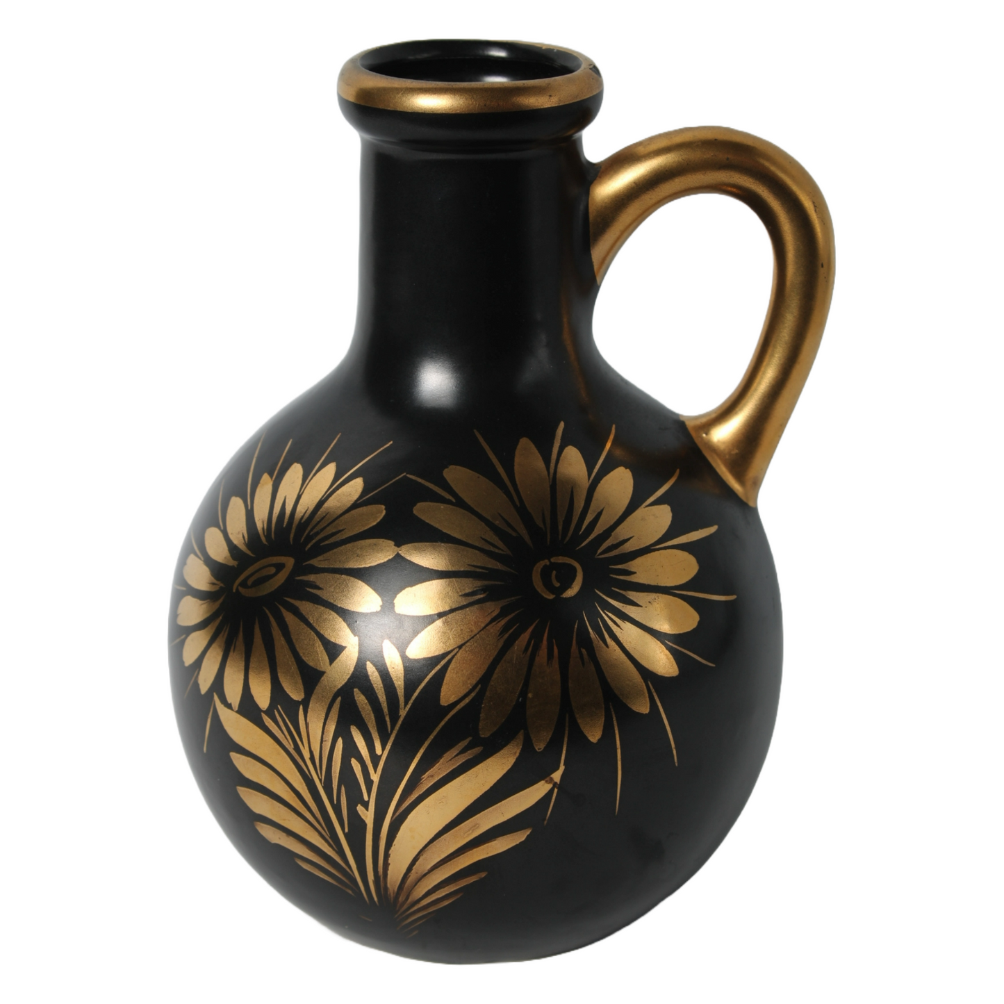 Decorative Black Ceramic Jug with Gold Floral Motifs
