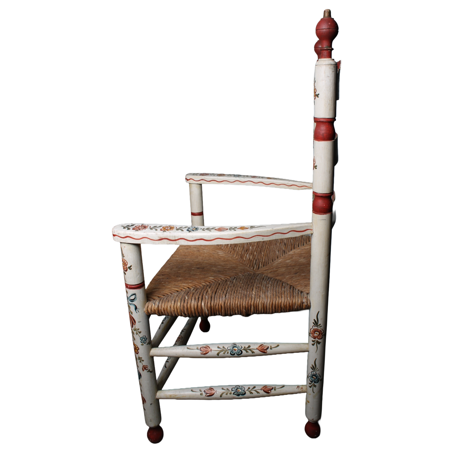 Pair of Hand-Painted Ladderback Armchairs with Rush Seats, Mid-20th Century