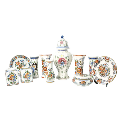 Traditional 11-Piece Hand-Painted Polychrome Delft Pottery Set - Vases, Plates,