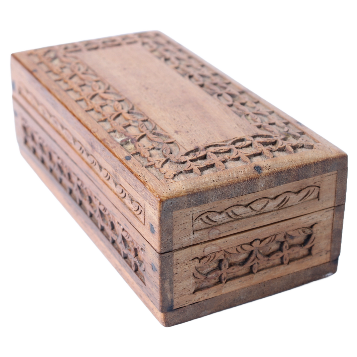Hand-Carved Wooden Storage Box from India with Floral Motifs