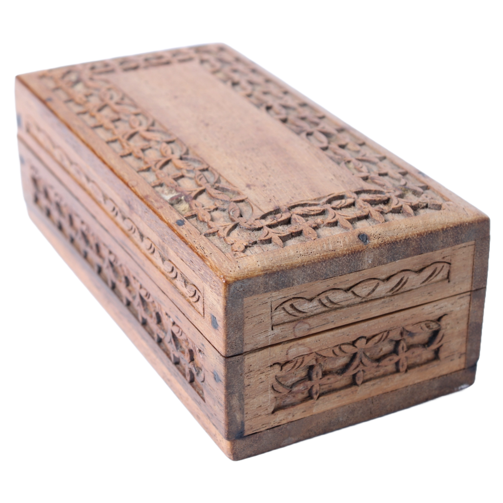 Hand-Carved Wooden Storage Box from India with Floral Motifs