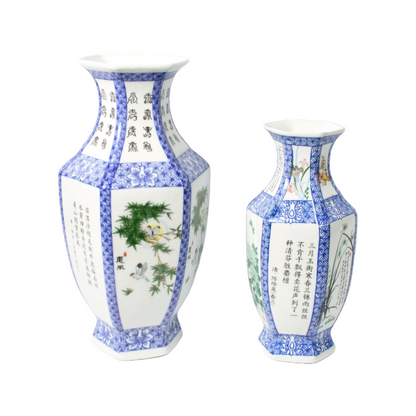 Set of Two Chinese Porcelain Vases - Beautiful Hand-Painted Flowers and Poems