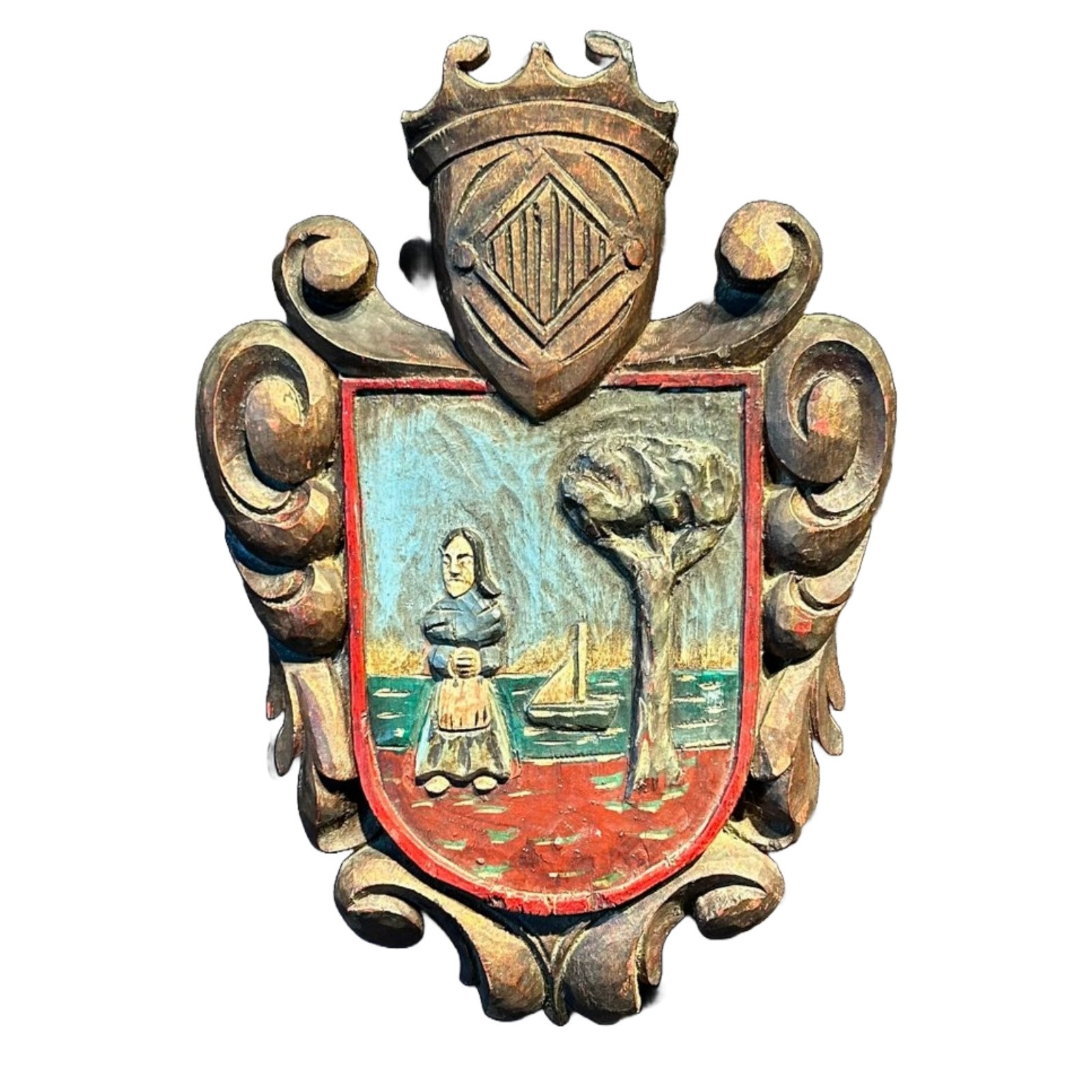 Handmade Italian Polychrome Wooden Shield, 1960s Decorative Wall Plaque,