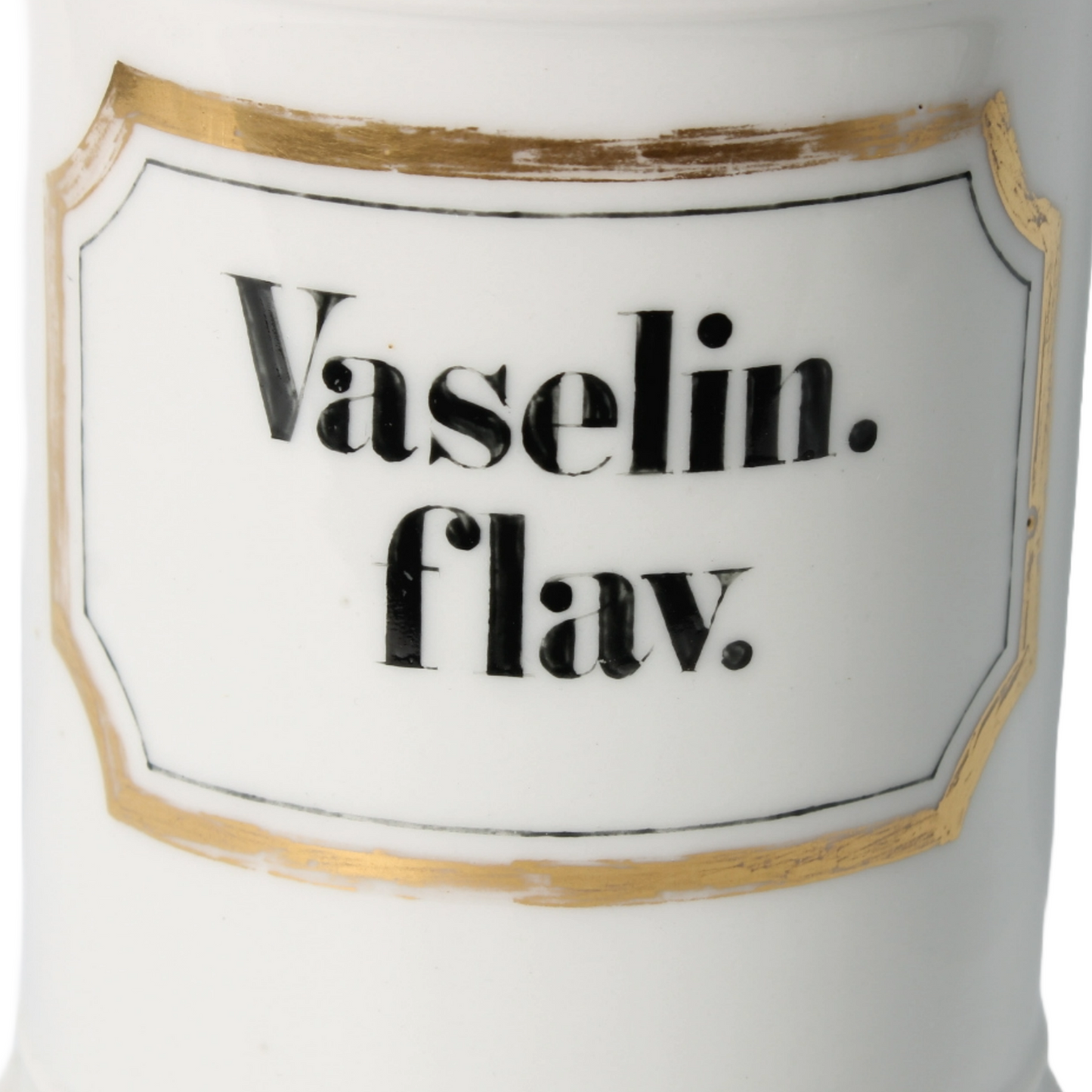 Vintage Apothecary Jar with "Vaselin. flav." Inscription and Gold Detailing