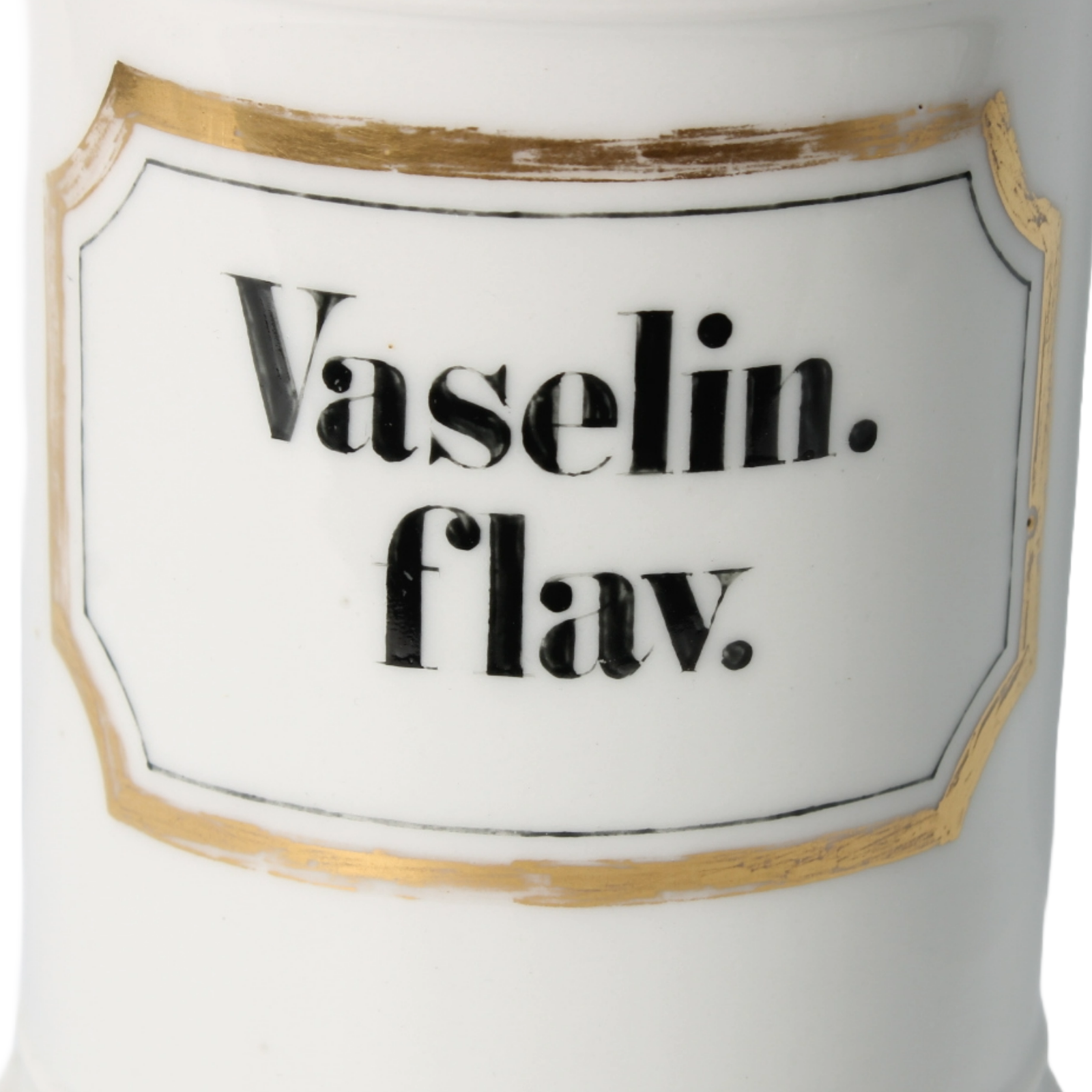 Vintage Apothecary Jar with "Vaselin. flav." Inscription and Gold Detailing