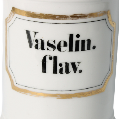 Vintage Apothecary Jar with "Vaselin. flav." Inscription and Gold Detailing