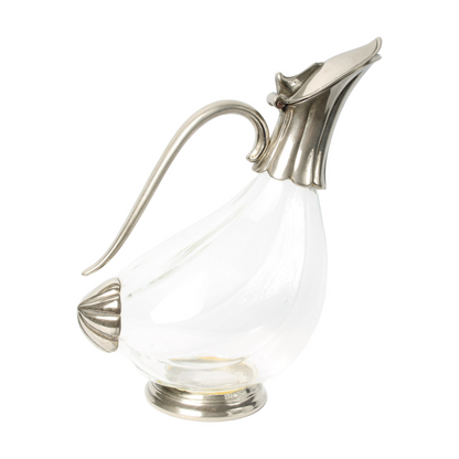 Elegant French Glass Carafe with Silver-Plated Details – 25 cm Long, 20 cm Tall