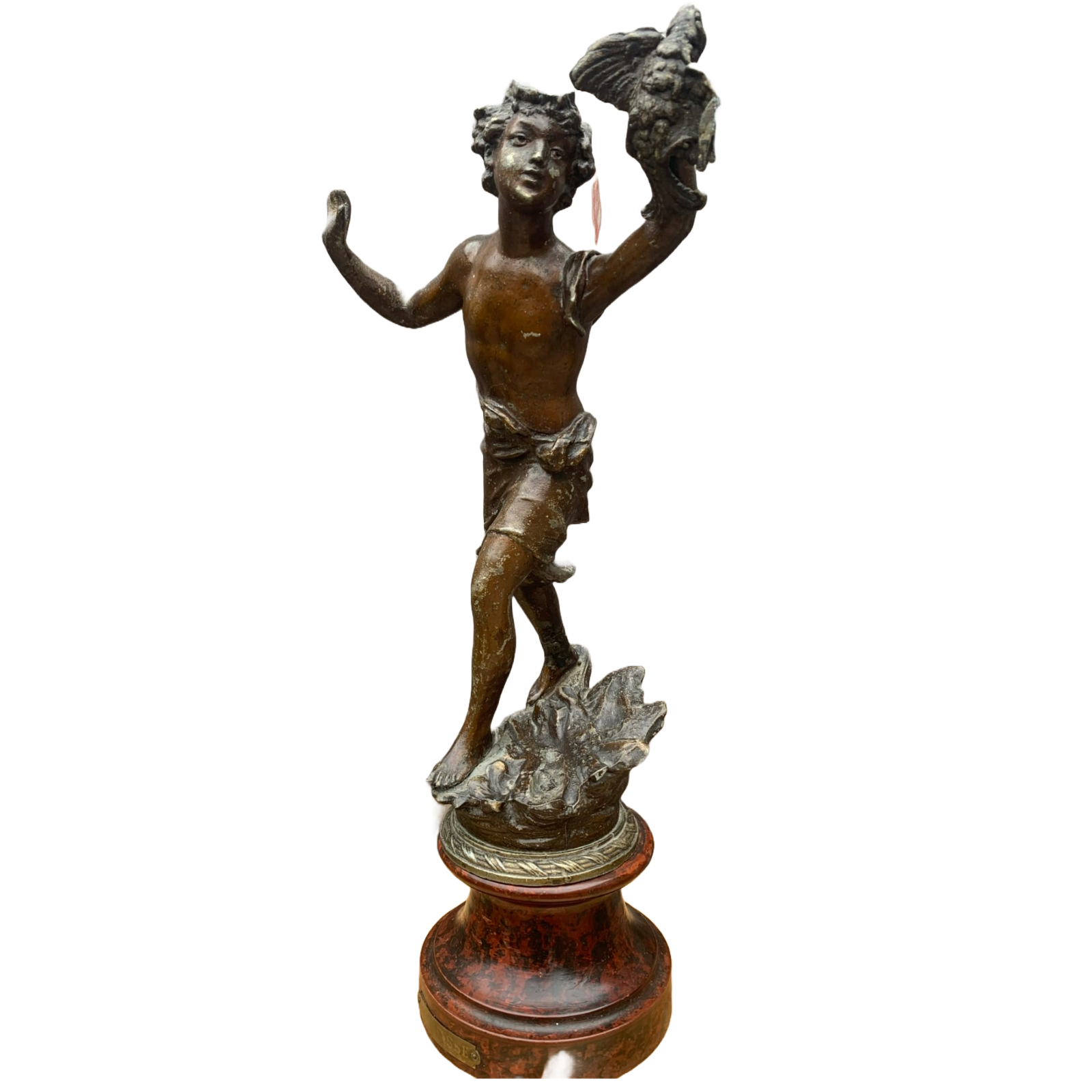 Antique French Bronze Sculpture "La Chasse", Early 1900s, Child with Hunting Bir