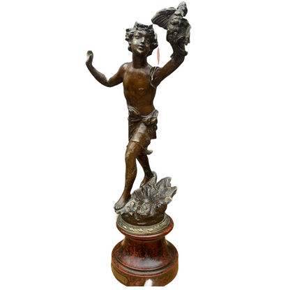 Antique French Bronze Sculpture "La Chasse", Early 1900s, Child with Hunting Bir