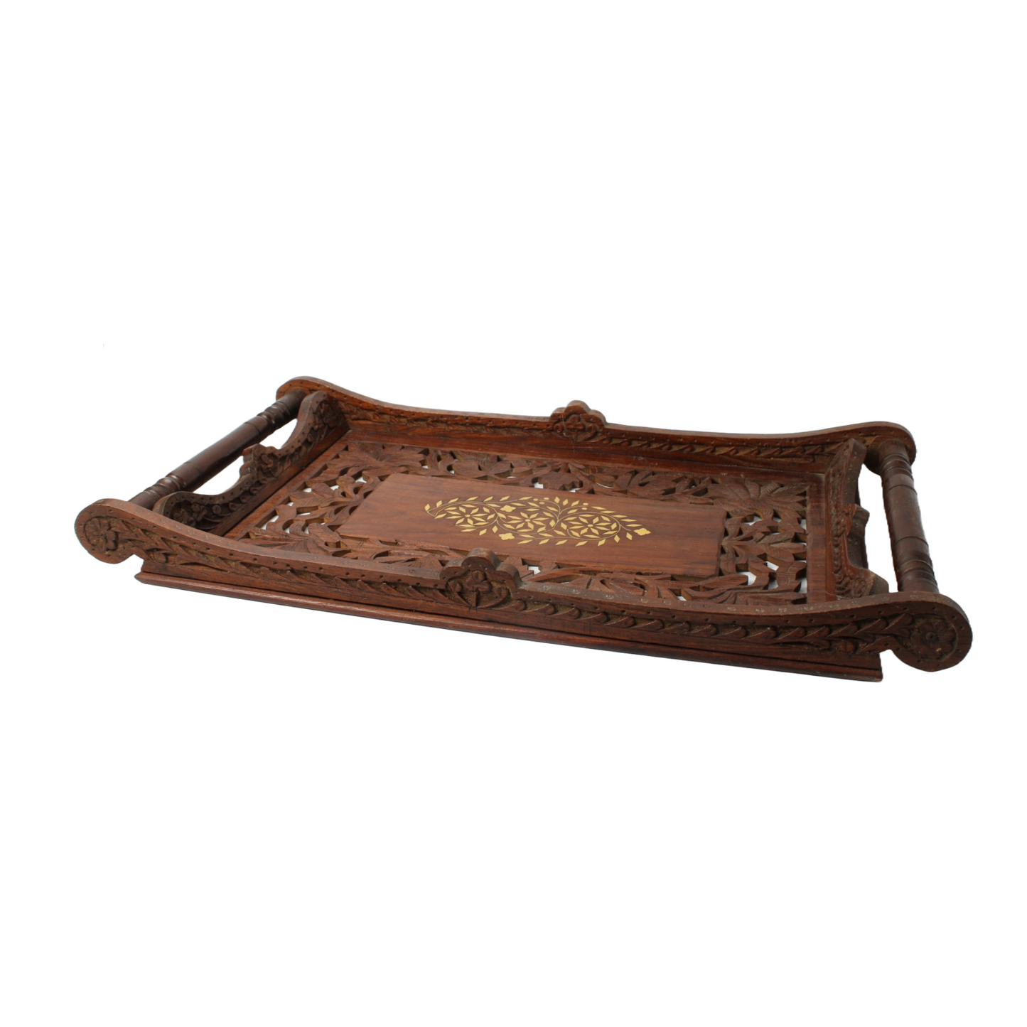 Handmade Indian Wooden Tray with Brass Inlay, Intricate Floral Carving, Decorati