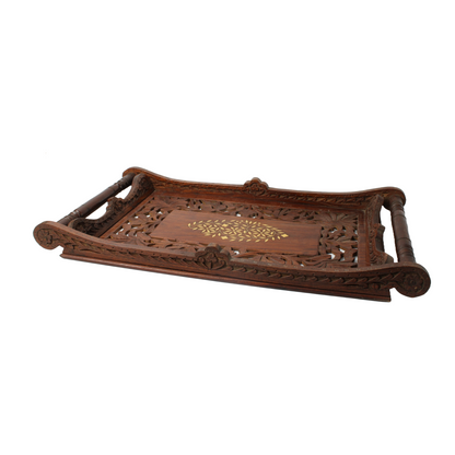 Handmade Indian Wooden Tray with Brass Inlay, Intricate Floral Carving, Decorati