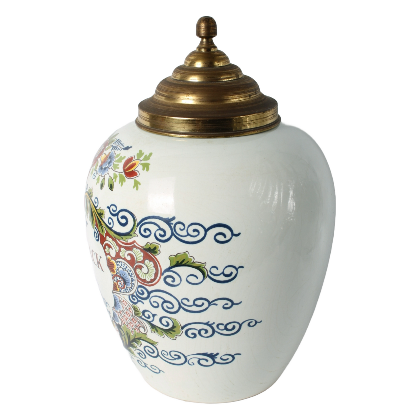 Rare vintage tobacco jar “TOEBACK” with brass lid | Delft blue