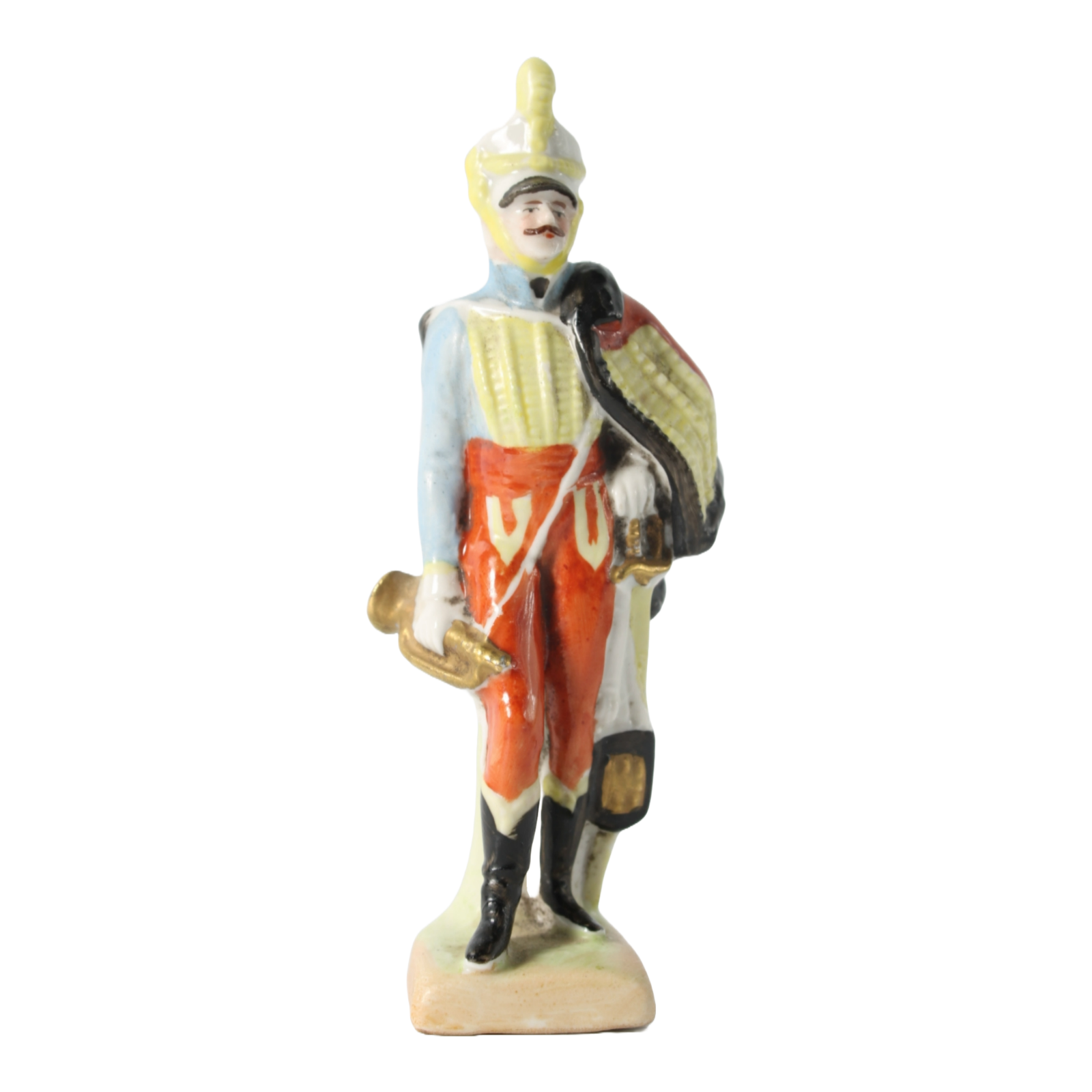 Antique Porcelain Cavalry Trumpeter Figurine in Colorful 19th Century Uniform,