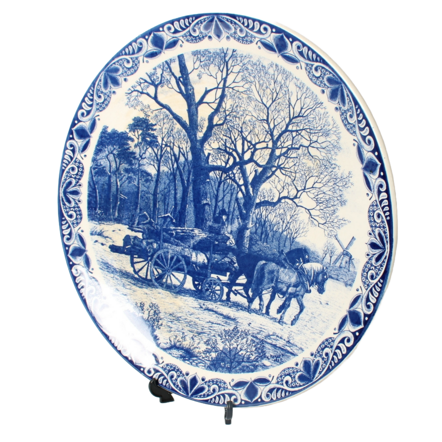 Vintage Delft Blue Ceramic Plate - Winter Landscape with Horse and Windmill 38cm