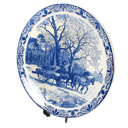 Vintage Delft Blue Ceramic Plate - Winter Landscape with Horse and Windmill 38cm