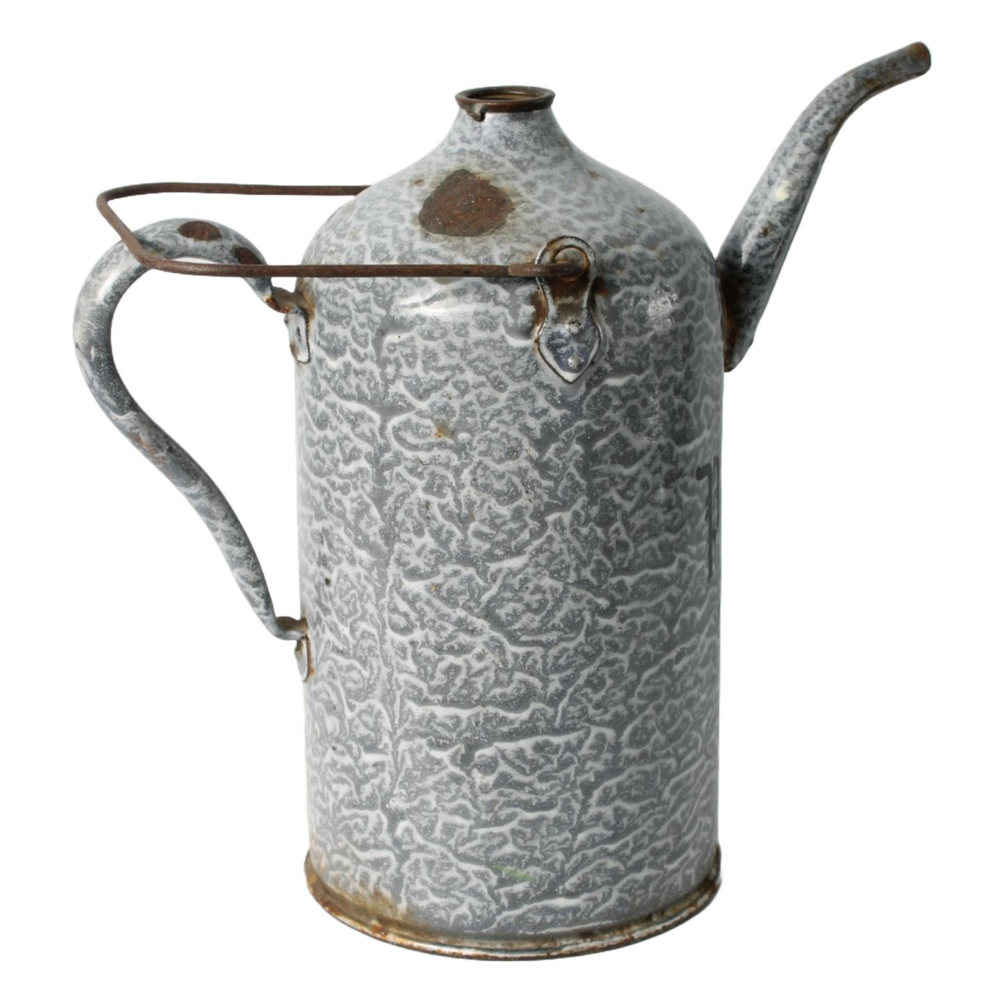 Vintage Enamel Petroleum Can 2 Liter, Gray Marbled Design, Early 20th Century