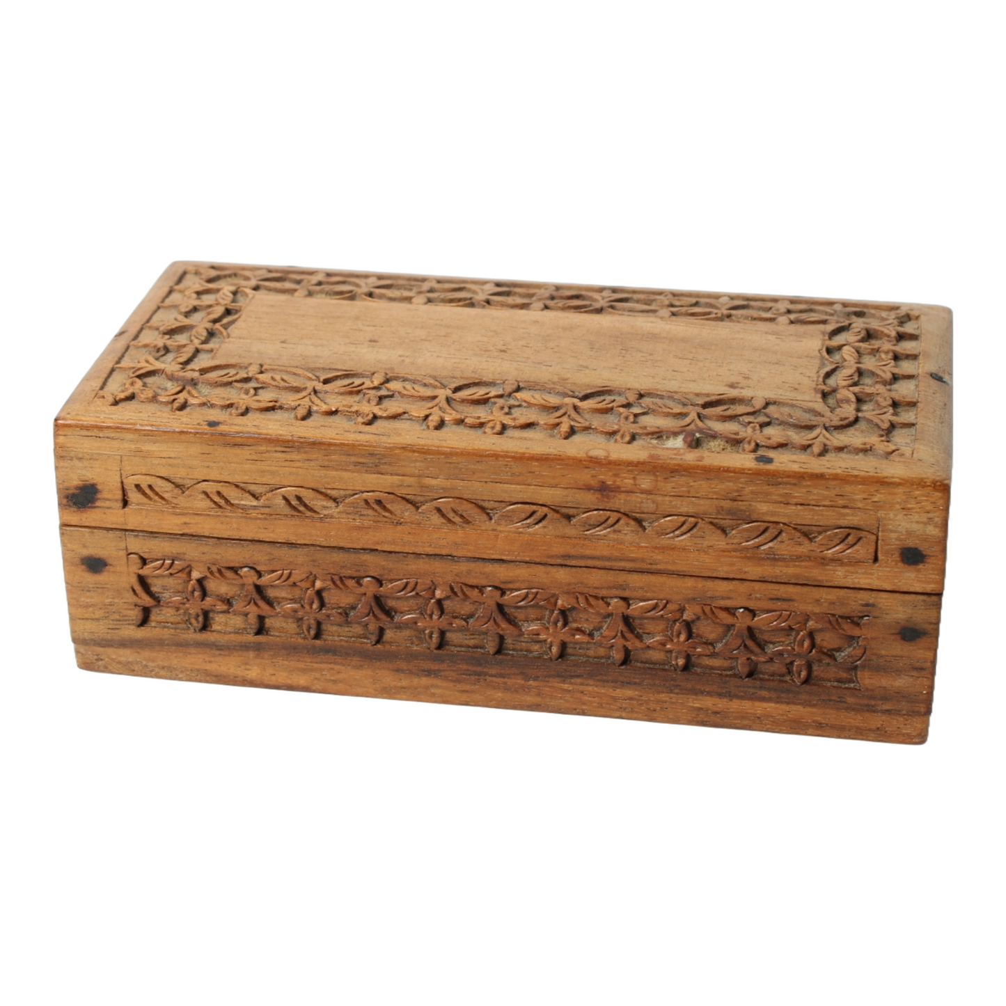 Hand-Carved Wooden Storage Box from India with Floral Motifs