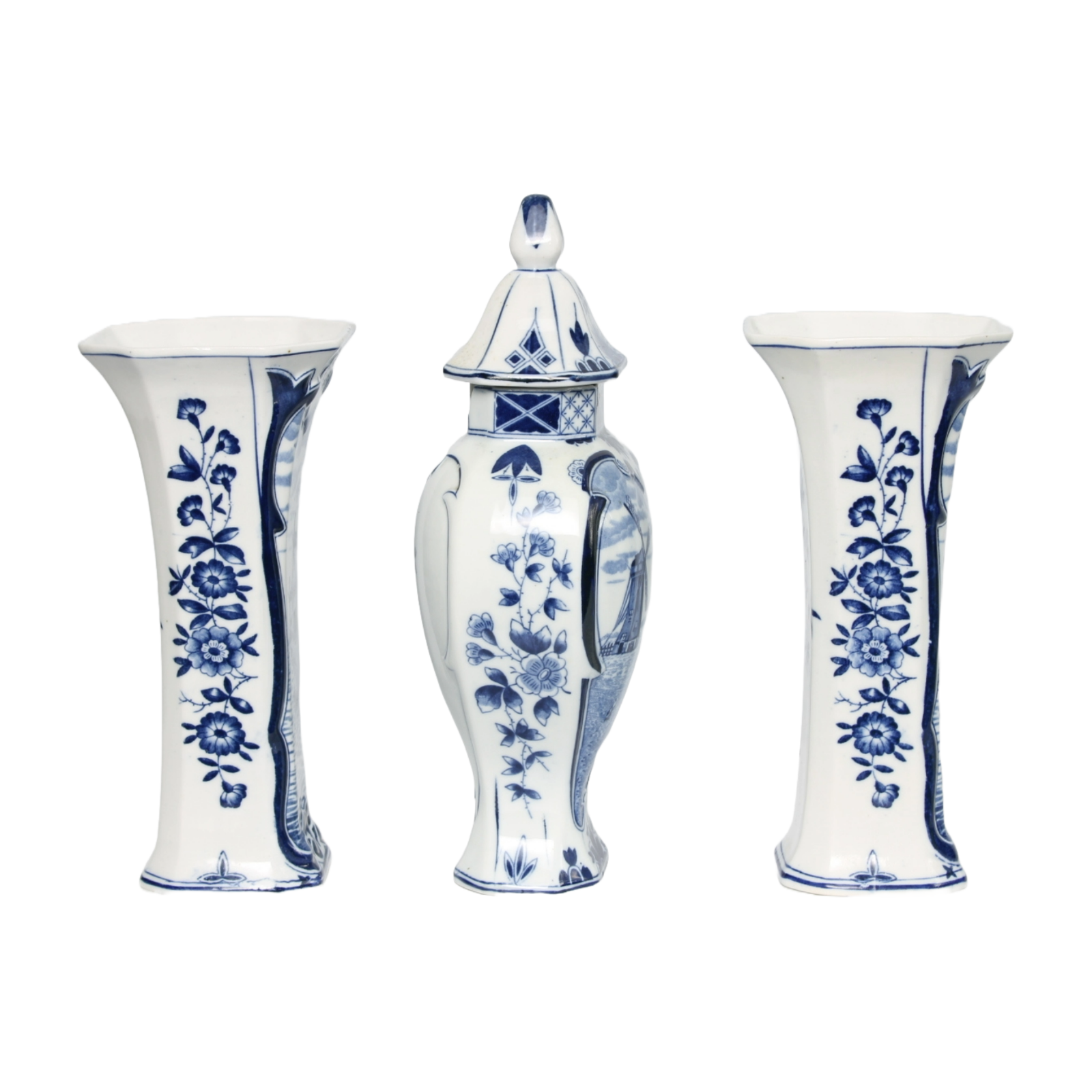 Beautiful 1950s Delft Blue Garniture Set - Set of 3 Pieces