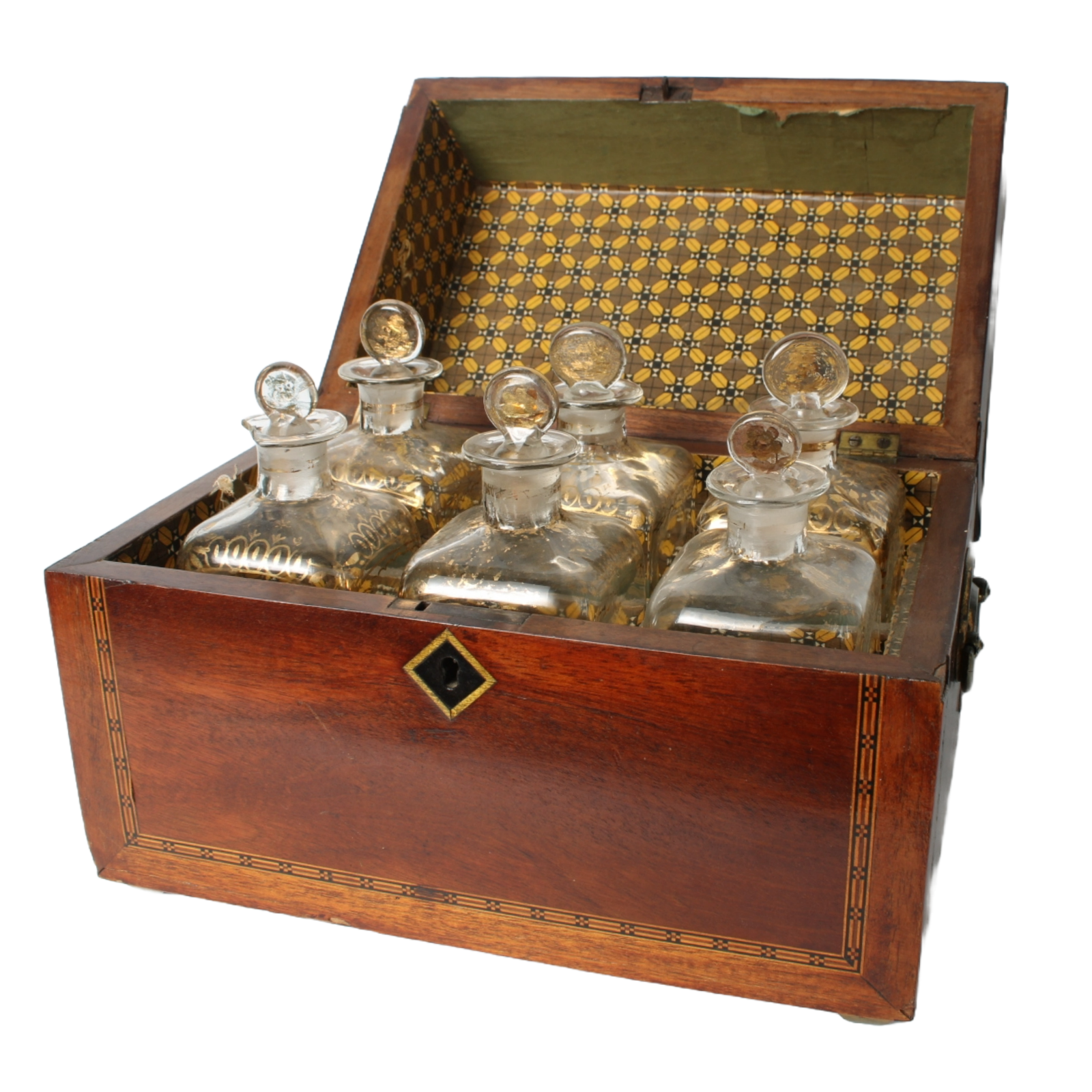 Antique mahogany liquor chest with six hand-blown gilded glass decanters