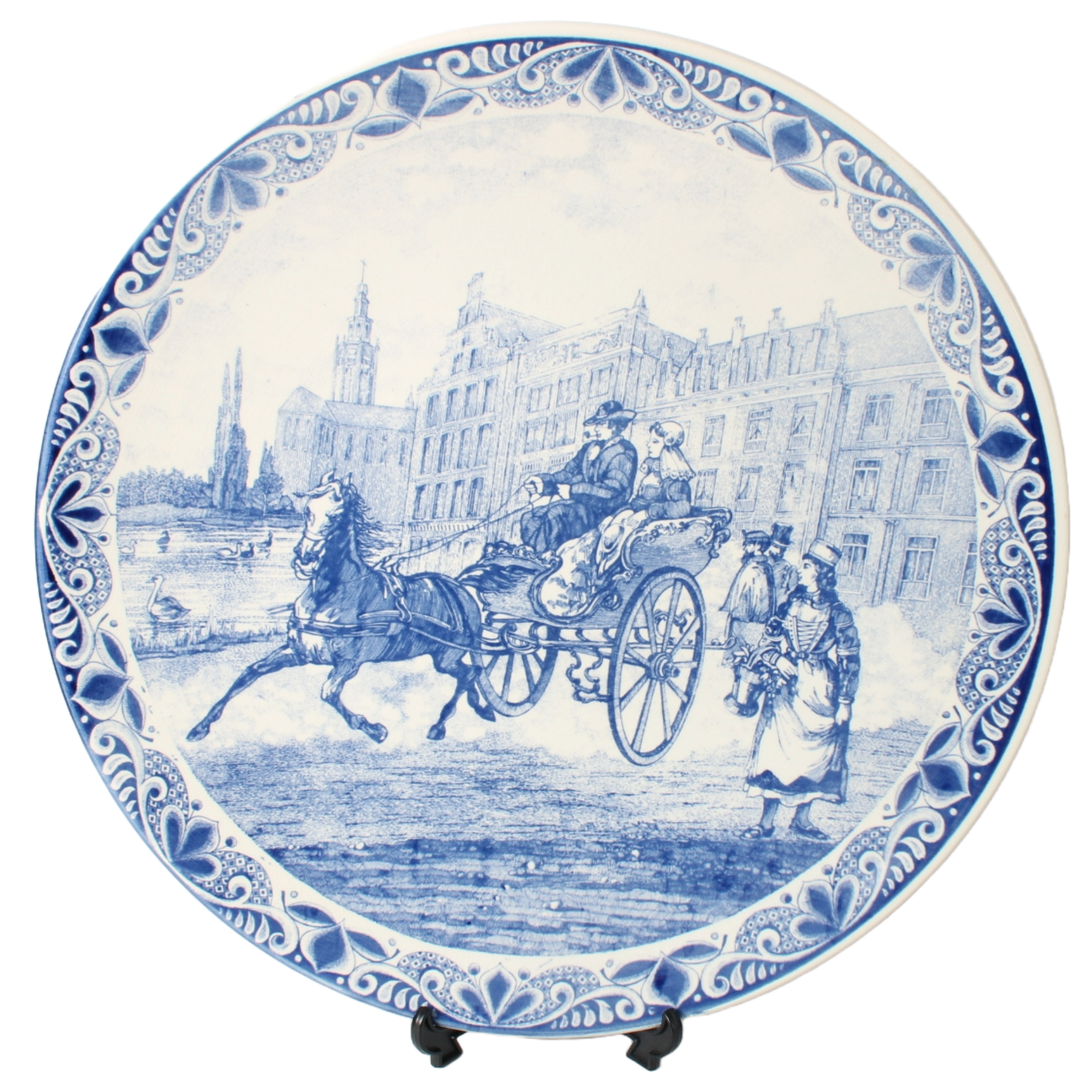 Large Hand-Painted Chemkefa Delft Blue Wall Plate - Horse & Carriage Scene, 38cm