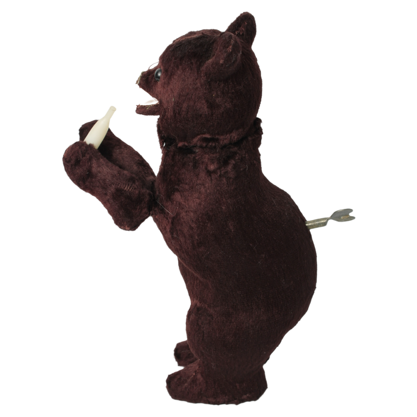 Mechanical Wind-Up Bear with Bottle c. 1930–1960 | Dark Brown Plush Toy Bear
