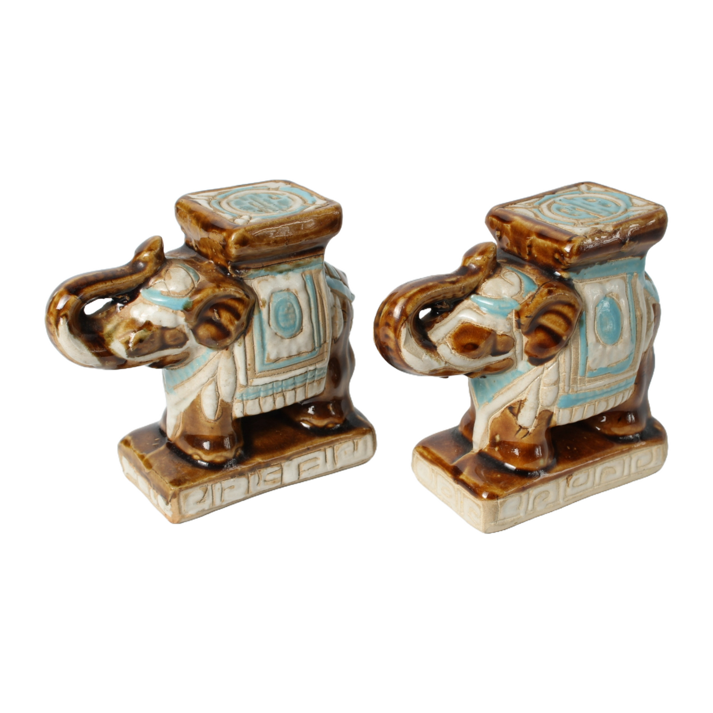 Set of 2 Vintage Ceramic Elephant Figurines with Hand-Painted Blue and Brown