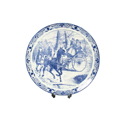 Large Hand-Painted Chemkefa Delft Blue Plate with Horse and Carriage Scene