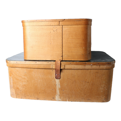 Vintage Wooden Hat Boxes | Spun Wood Construction | Leather Strap | 1900-1930 |