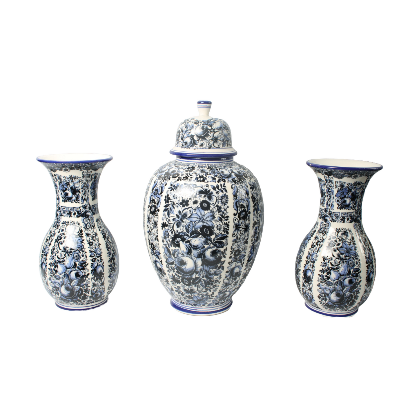 Set of Three Delft Blue Vases with Lidded Vase, Traditional Floral Motifs