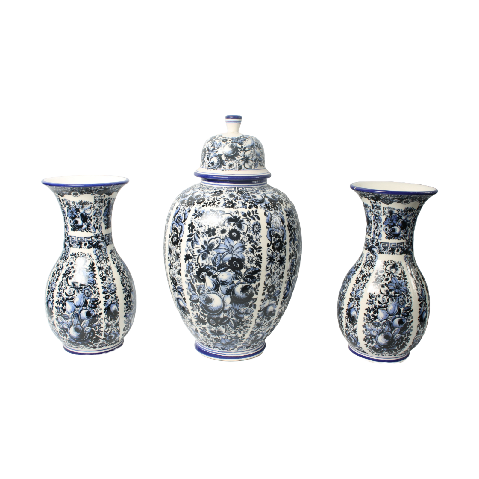 Set of Three Delft Blue Vases with Lidded Vase, Traditional Floral Motifs