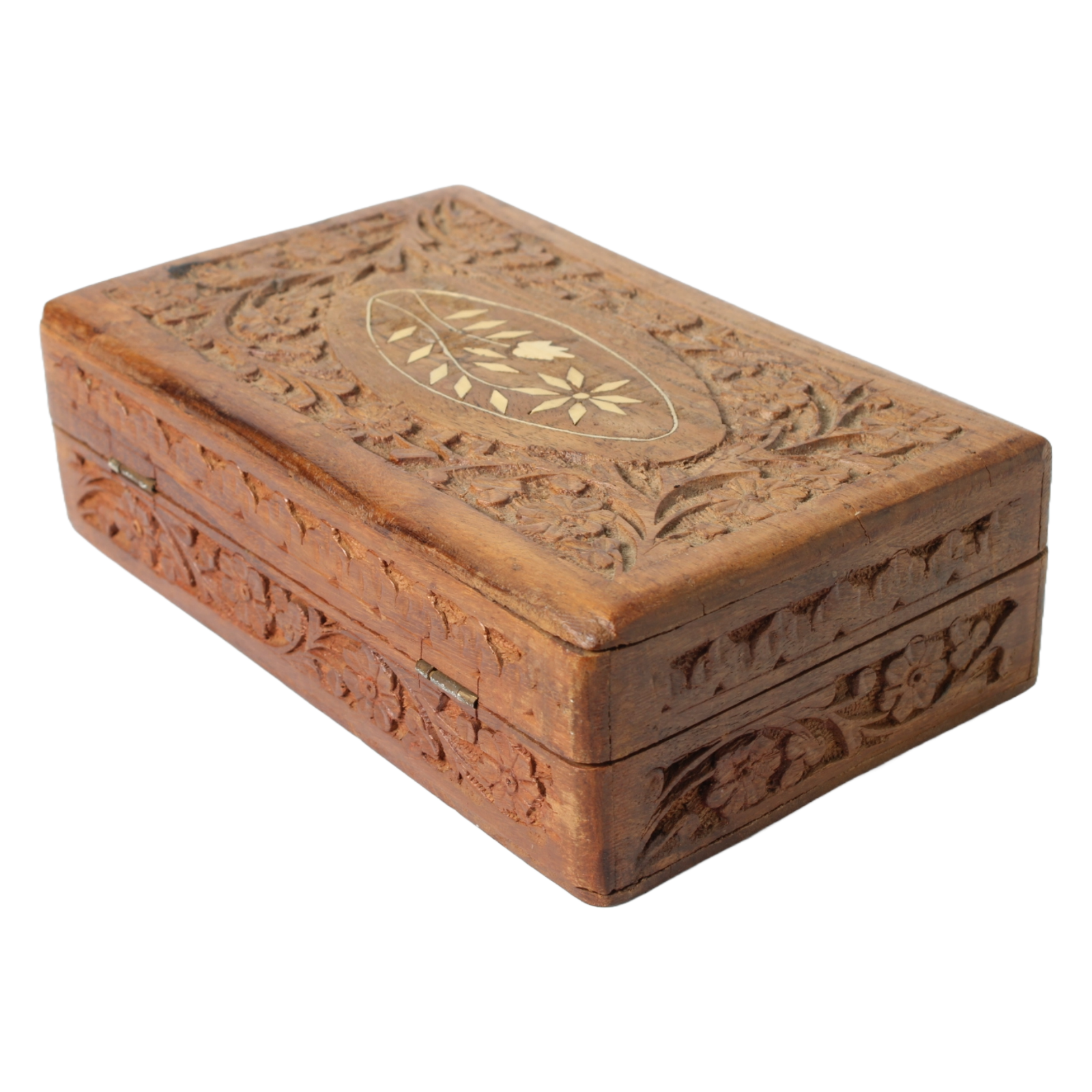 Hand-Carved Wooden Jewelry Box from India with Floral Relief and Inlaid Panel