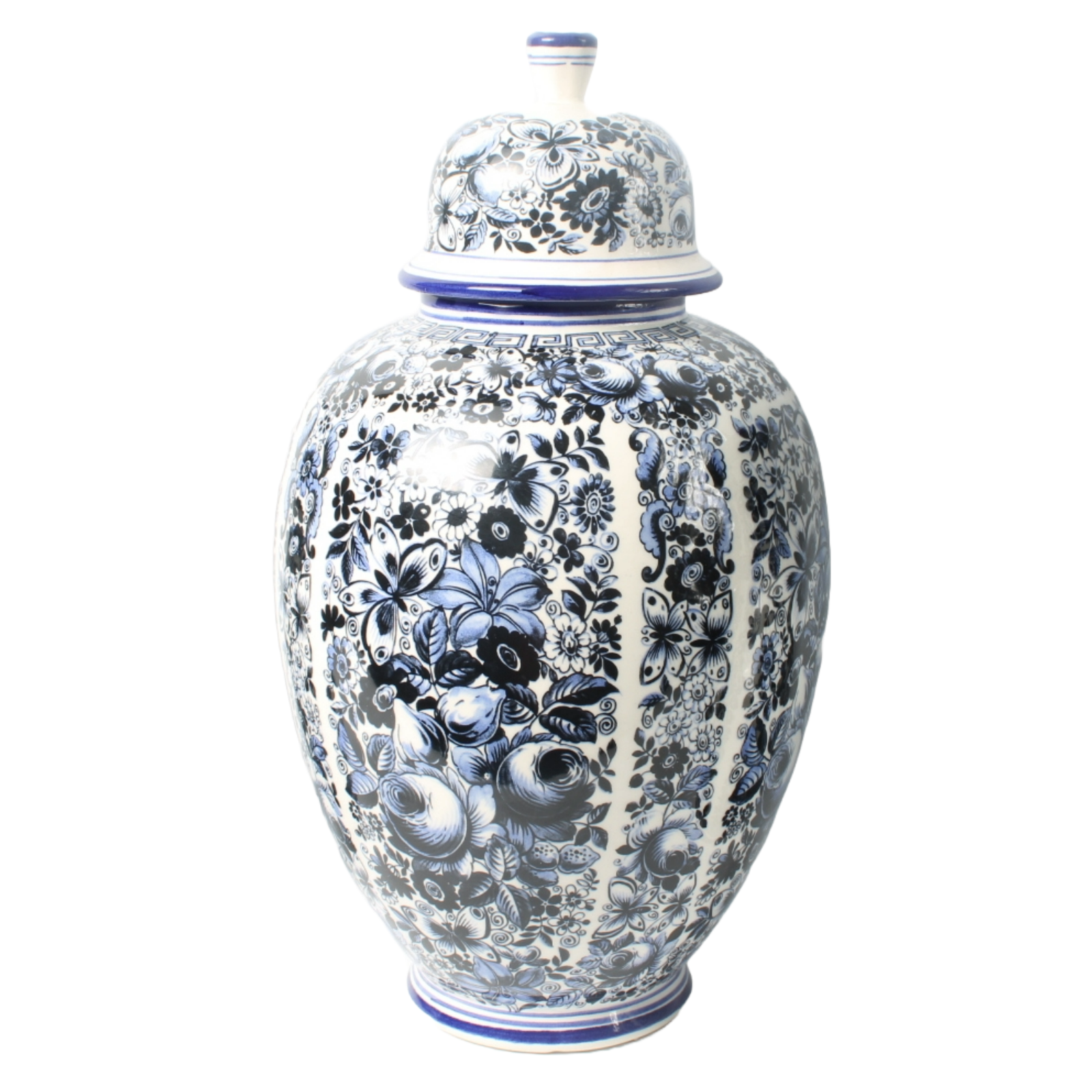 Set of Three Delft Blue Vases with Lidded Vase, Traditional Floral Motifs