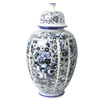 Set of Three Delft Blue Vases with Lidded Vase, Traditional Floral Motifs
