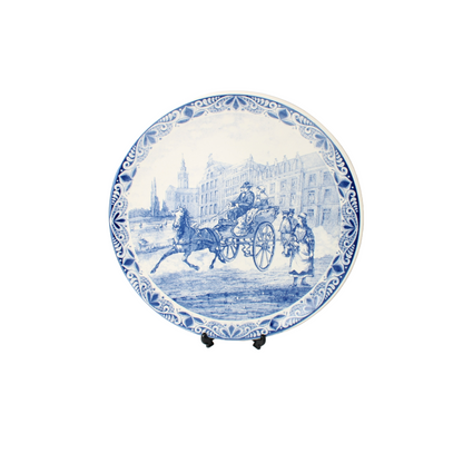 Large Hand-Painted Chemkefa Delft Blue Wall Plate - Horse & Carriage Scene, 38cm