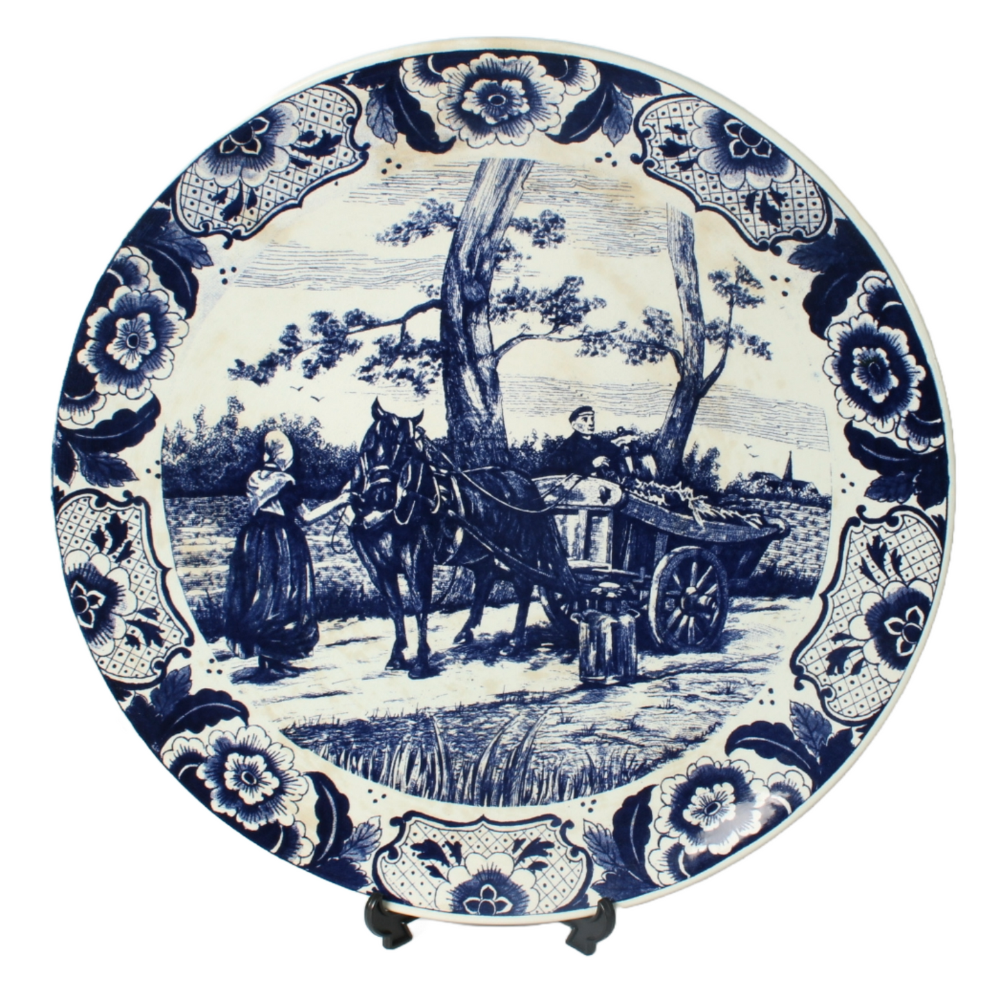 Authentic Chemkefa Delft Blue Decorative Plate with Rural Scene, Horse and Cart,