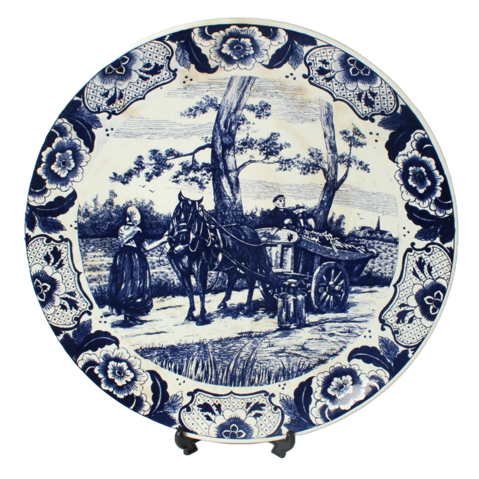 Authentic Chemkefa Delft Blue Decorative Plate with Rural Scene, Horse and Cart,