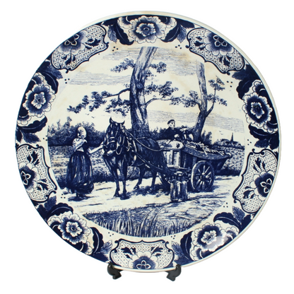 Authentic Chemkefa Delft Blue Decorative Plate with Rural Scene, Horse and Cart,