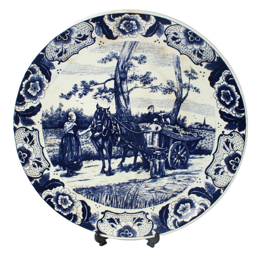Authentic Chemkefa Delft Blue Decorative Plate with Rural Scene, Horse and Cart,