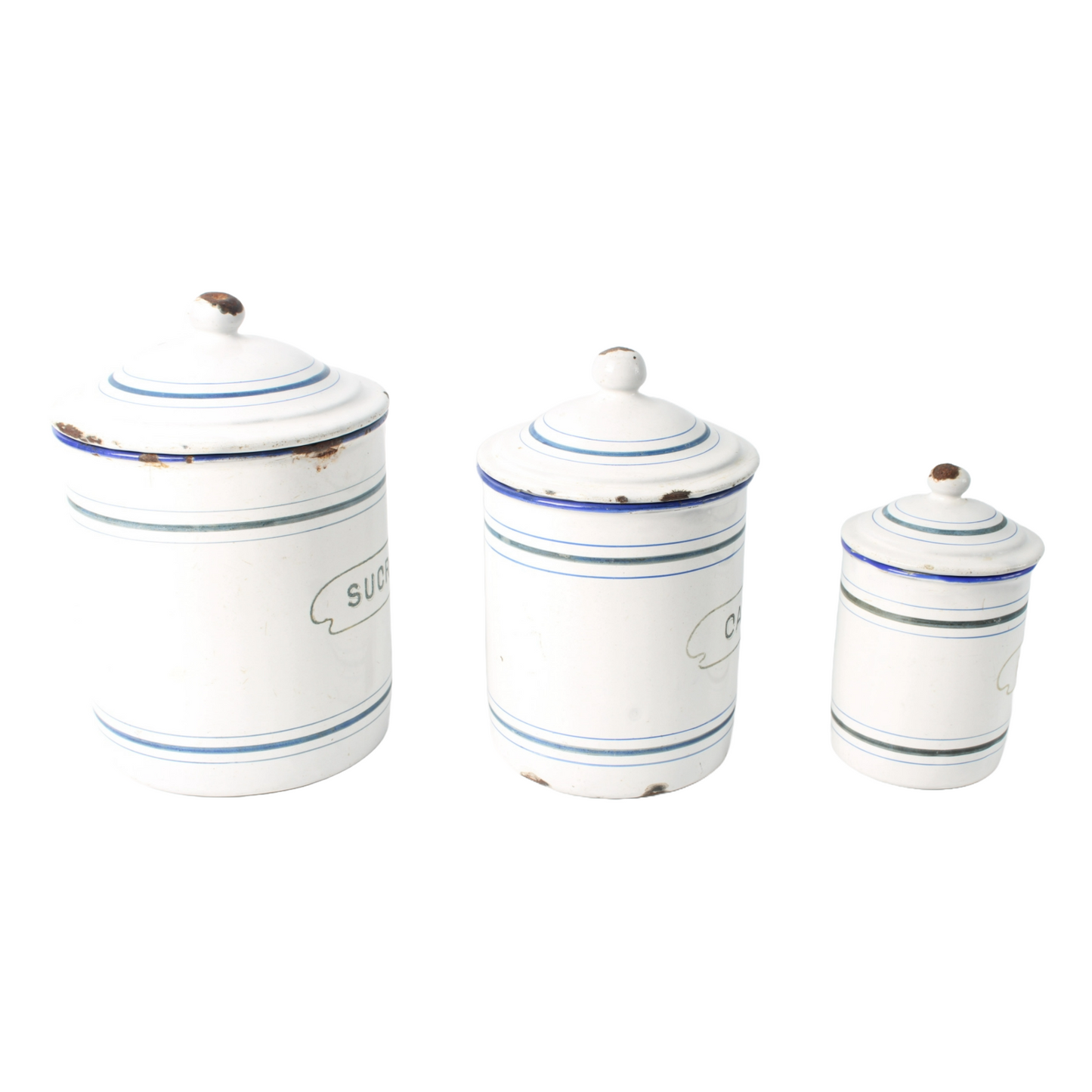 Set of Three Antique Enamel Canisters – "Sucre", "Café", and "Poivre"