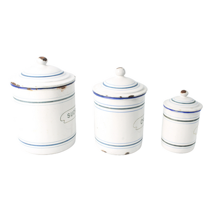 Set of Three Antique Enamel Canisters – "Sucre", "Café", and "Poivre"