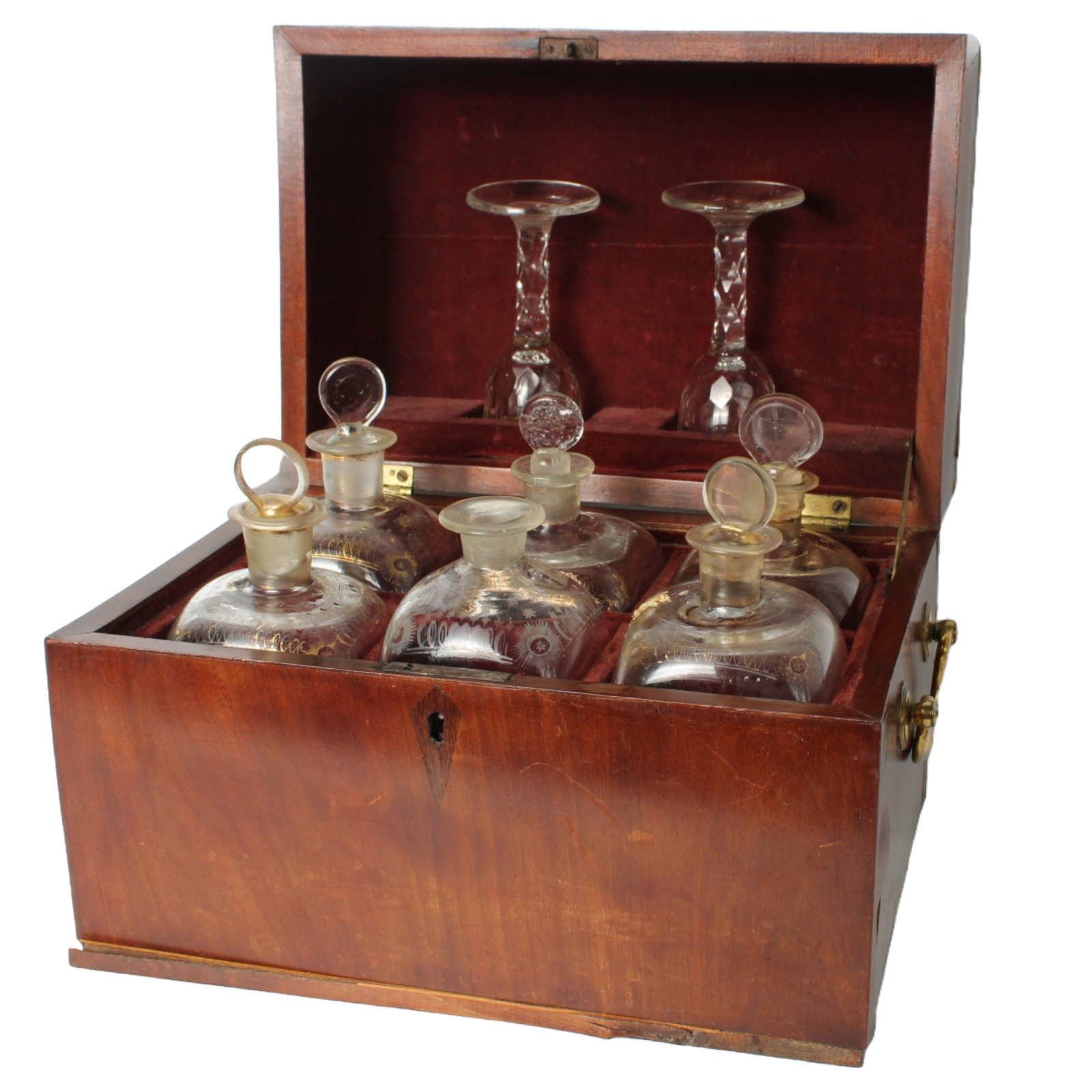 Antique mahogany tantalus with six cut-glass decanters and glasses, ca. 1790